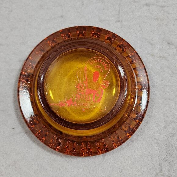 HAROLD'S CLUB Or Bust! Reno Advert Round Ruffled Pedestal Amber Glass Ashtray - Picture 4 of 7